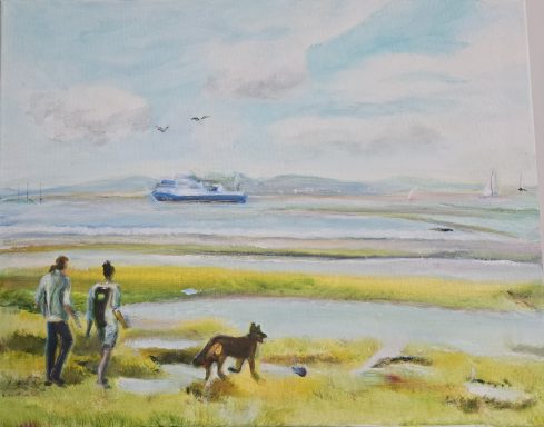 Guardian of the Coast One of a kind Original oil painting, couple walking dog by the sea