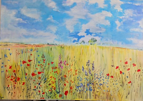 Petals And Quite Conversations A field alive with poppies and wild flowers. Oil on canvas, one of a kind