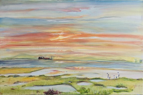 Last Light over The Bay Oil on Linen canvas, Sunset over Morecambe Bay, atmospheric