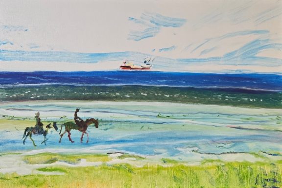 Across the Tides of Morecambe Bay Two horse riders near the shore with a ship in the distant ocean under a blue sky.