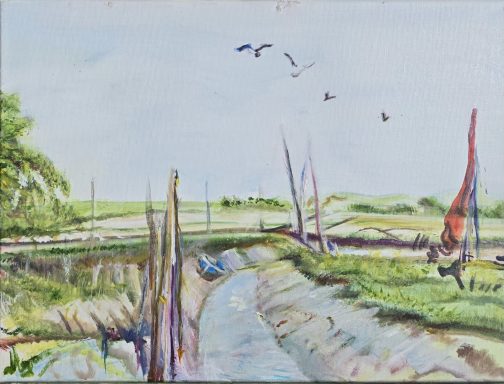 Skippool Creek One of a kind original oil on canvas painting of Skippool Creek, mudflats and timeworn boats
