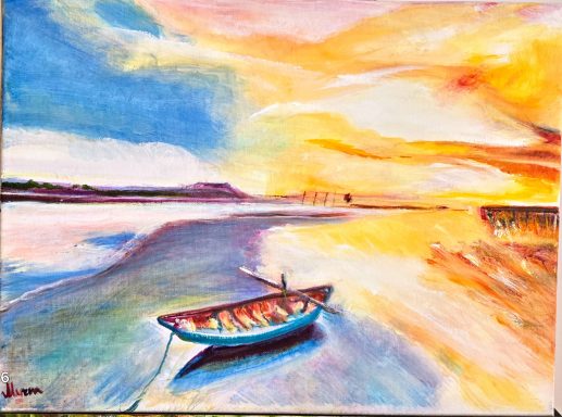 Sunburst boat, golden afternoon, beach